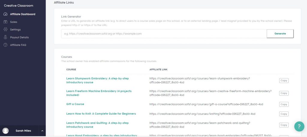 Link generator Creative Classroom affiliate dashboard