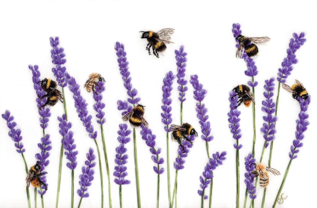 Bees on Lavender Hand Embroidery by Elysia Cusworth