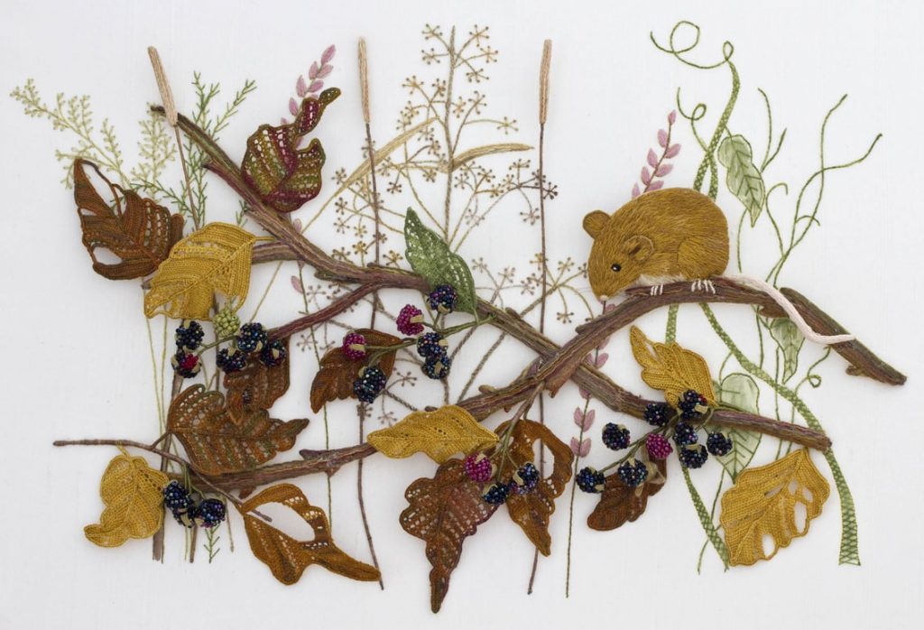 Mouse and Blackberries stumpwork embroidery by Kay Dennis