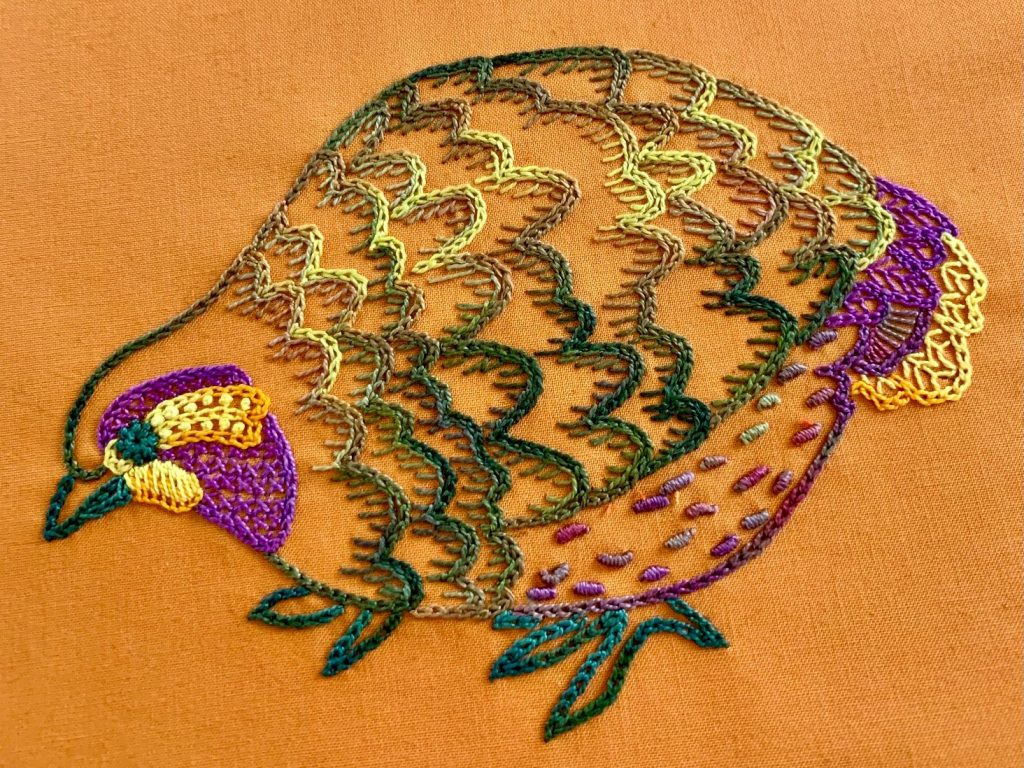 Chain Stitch, hand embroidered chicken