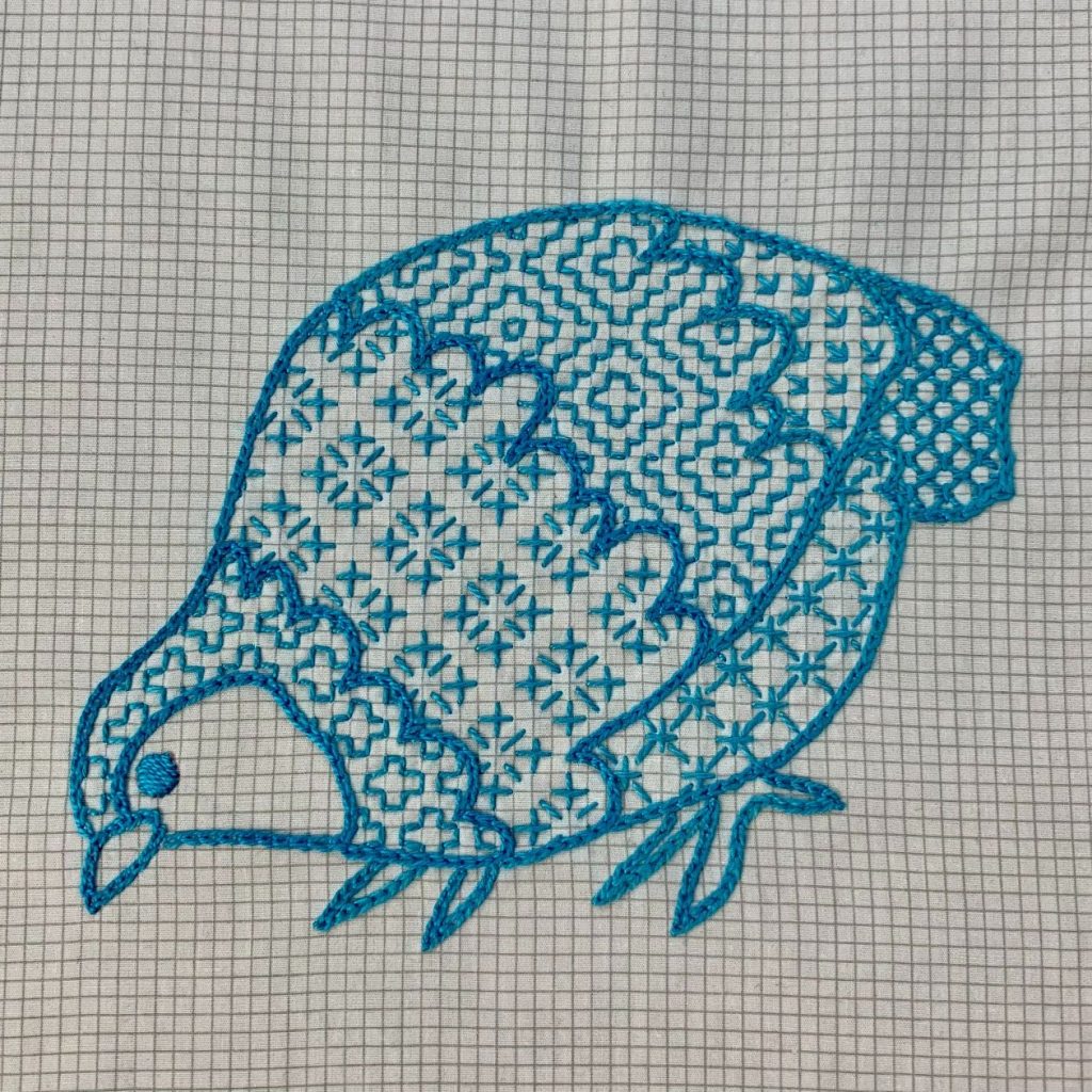 Blackwork chicken design by Catherine Redford