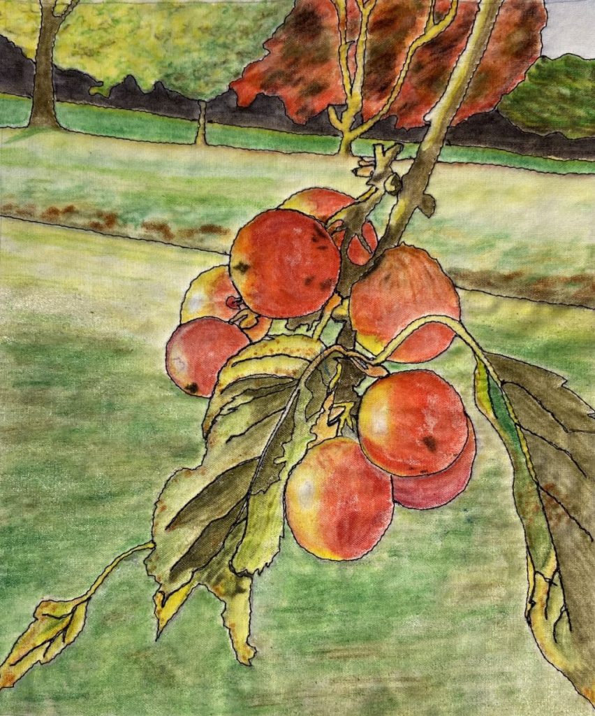 Advanced patchwork and quilting piece by Lynda Marie Vidulich, resembling a watercolour style painting of an apple tree