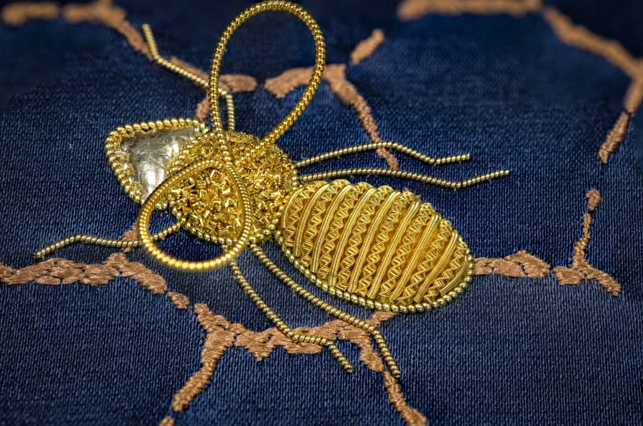 Hive Mind goldwork hand embroidered by Sarah de Rousset-Hall