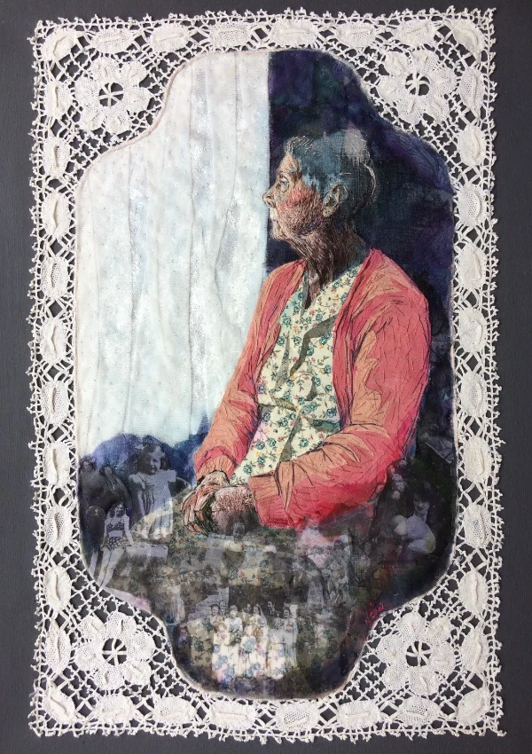 Hand Embroidered Portrait of an elderly lady by Lesley Wood