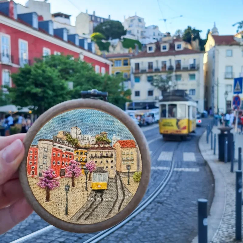 Maria Zamyatina's embroidered travel diaries featuring architecture