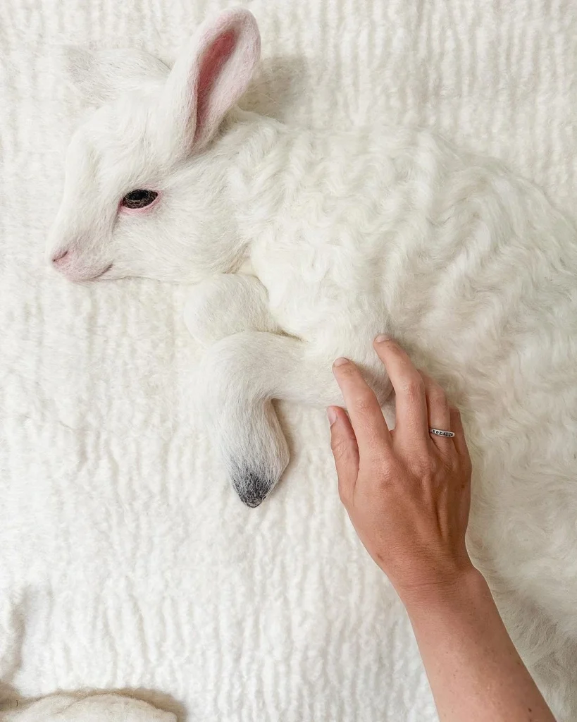 Felt Sculptured lambs by textile Holly Guertin who is inspired by animals