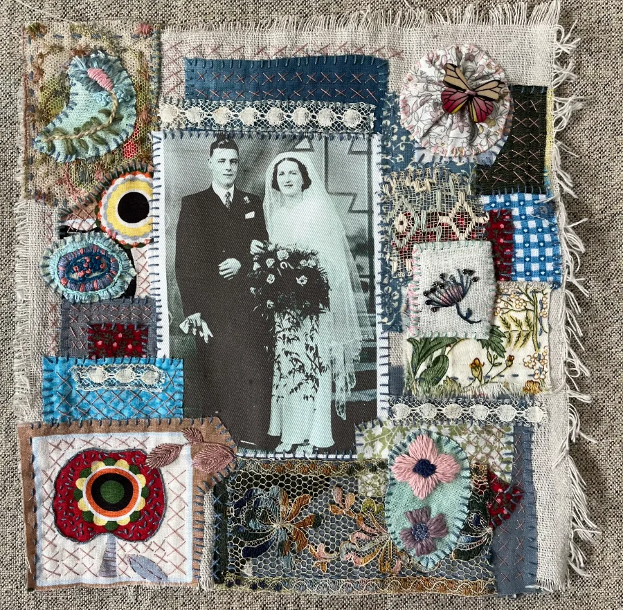 Cecily's Wedding. Mixed media, hand stitched photograph by Victoria Merness