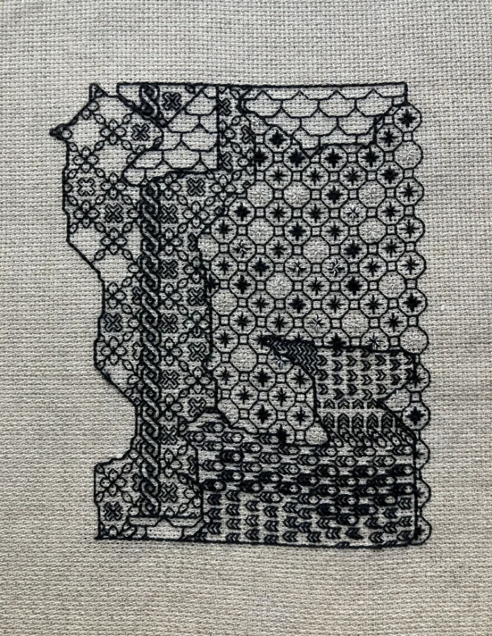 Blackwork stitch sampler by Hand Embroidery graduate Elaine Fraser