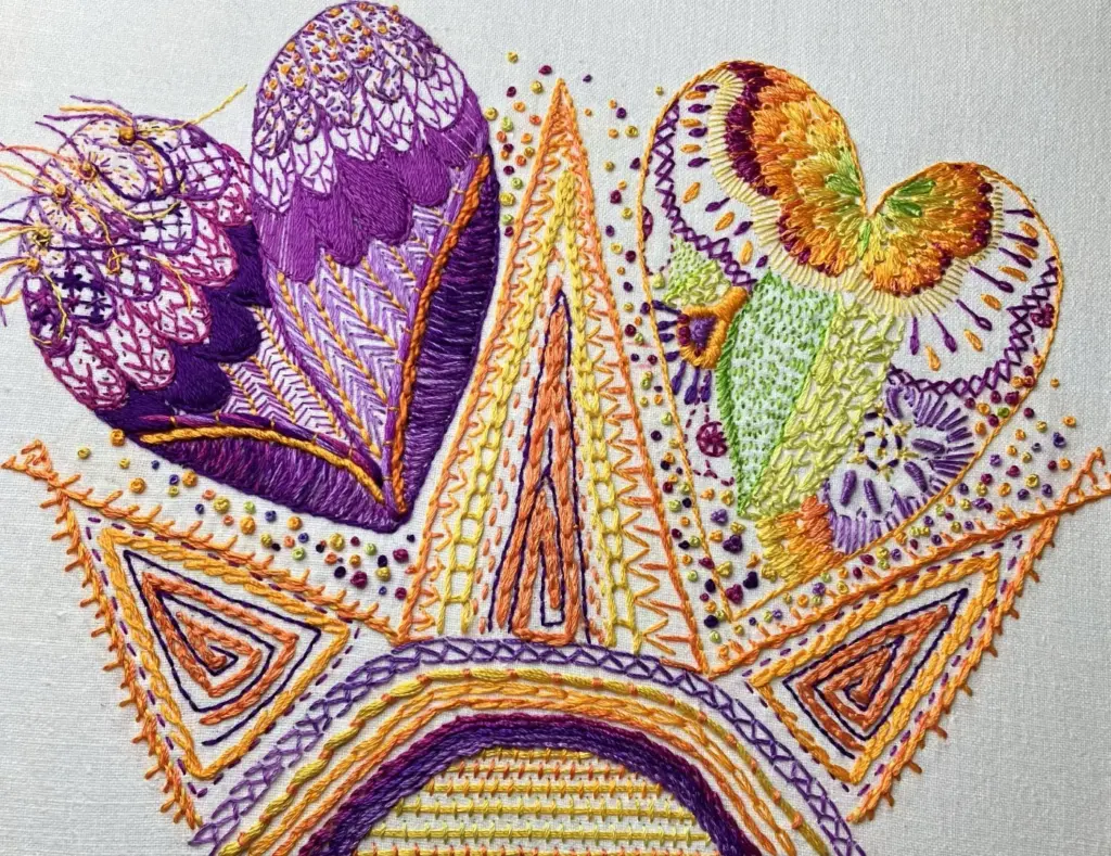 Completed hand embroidery sampler with varied stitch techniques, by SST Skill Stage 2 graduate Elaine Fraser