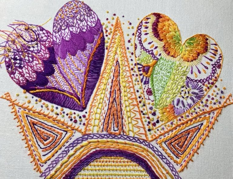 Completed hand embroidery sampler with varied stitch techniques, by SST Skill Stage 2 graduate Elaine Fraser