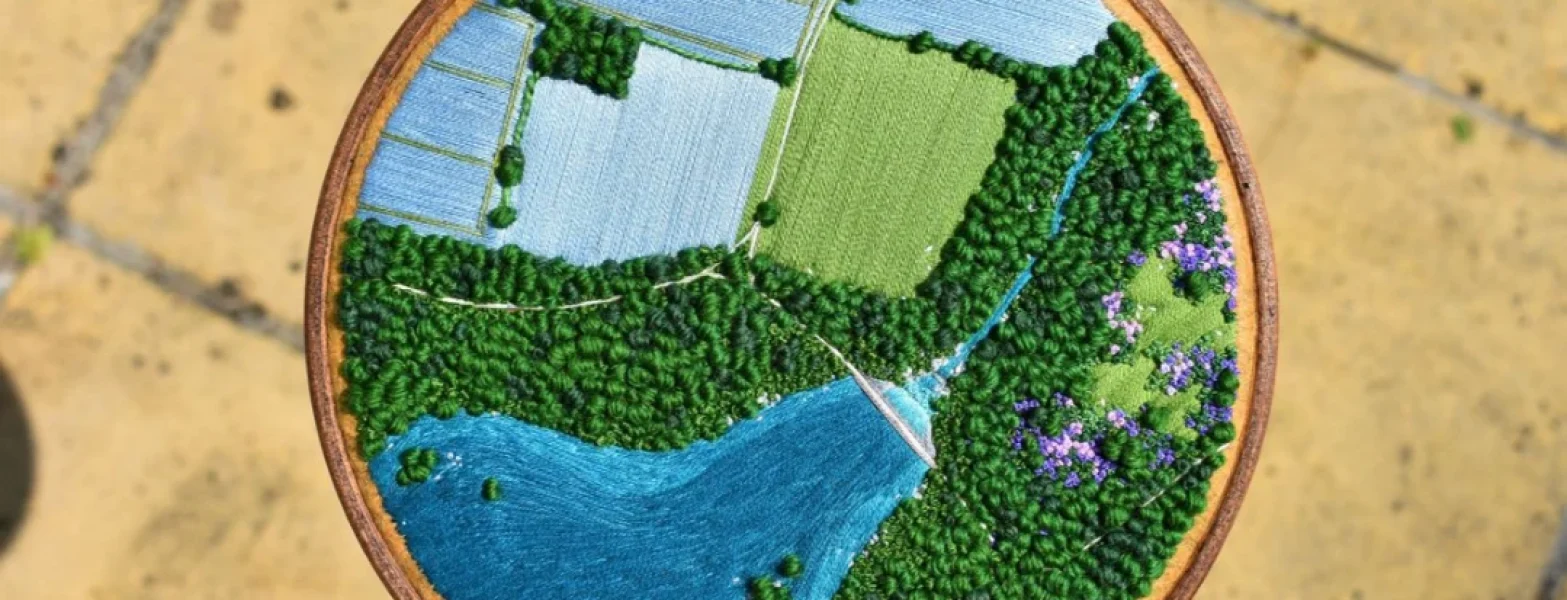 A countryside ramble early on a summers day aerial view hand embroidery by Victoria Rose Richards